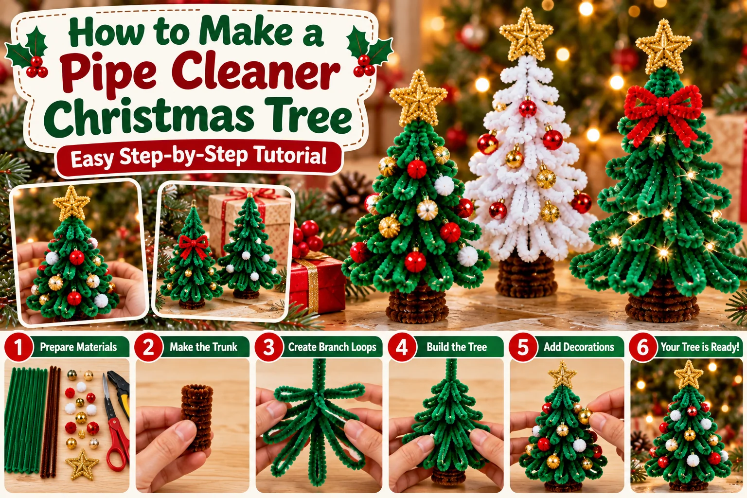 Finished pipe cleaner Christmas trees with green chenille branches, ornaments and gold stars