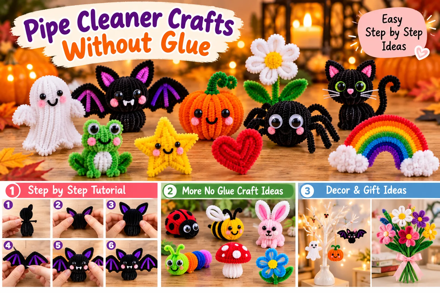 15 easy pipe cleaner crafts without glue including bat, ghost, spider, pumpkin, shapes and flowers