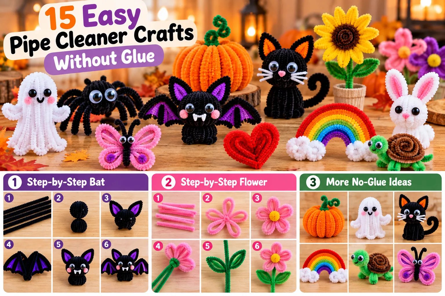 Colorful collection of easy pipe cleaner crafts made without glue