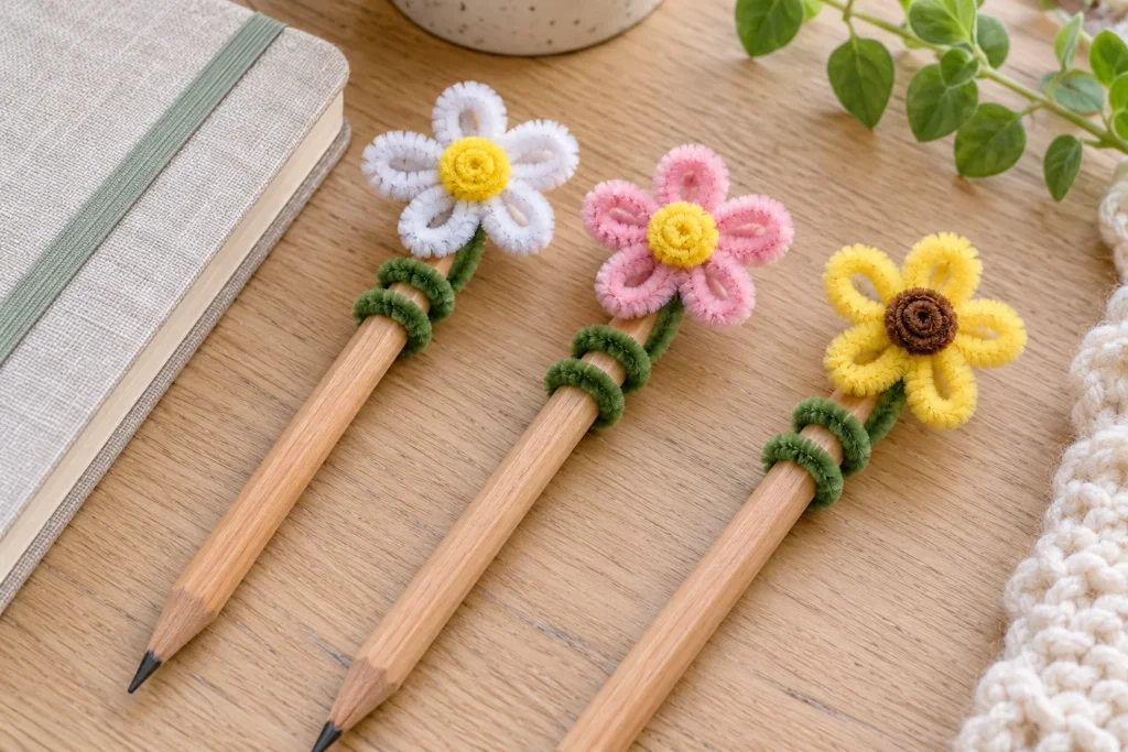 Three wooden pencils with white, pink, and yellow pipe cleaner flower toppers and green attachment coils