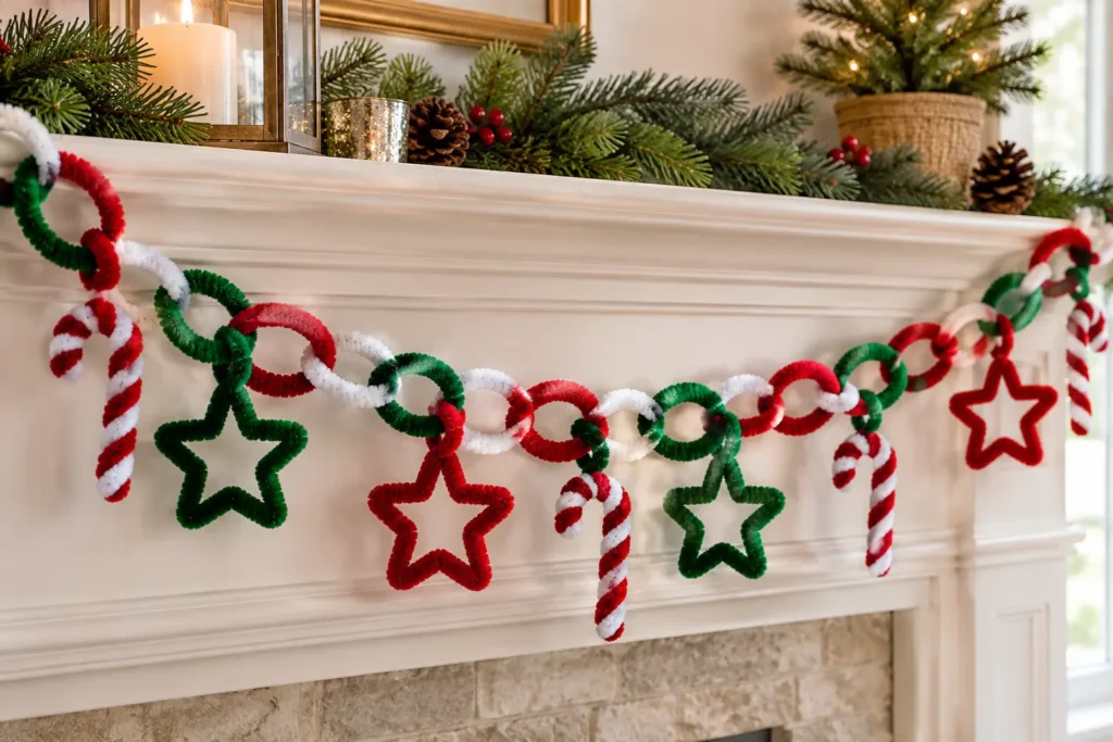 Red, green and white pipe cleaner Christmas garland with linked rings, stars and candy canes on a mantel