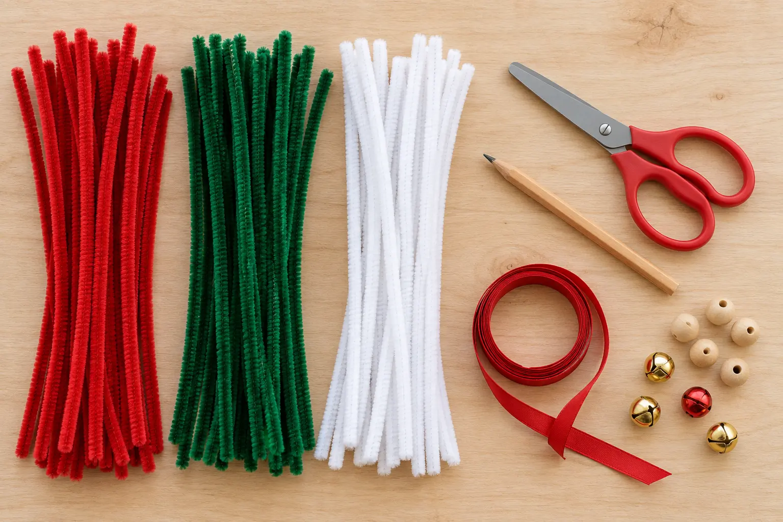 Red, green and white pipe cleaners with scissors, pencil, ribbon, wooden beads and small bells on a craft table
