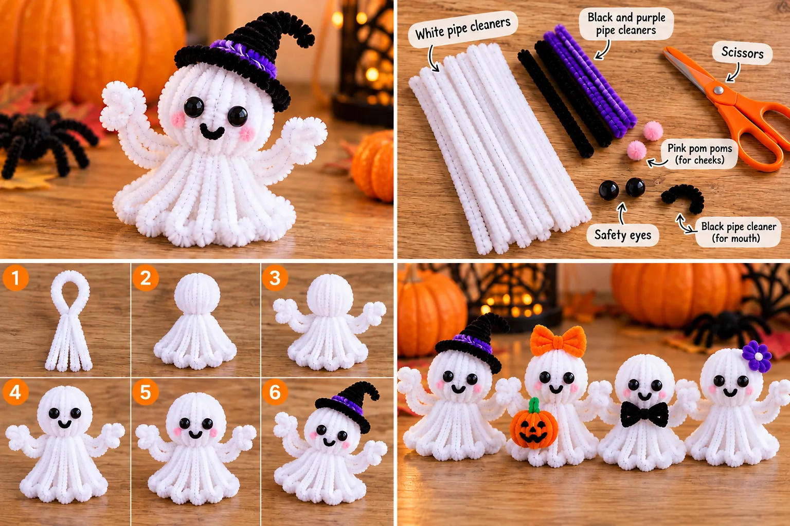 Cute pipe cleaner ghost ideas with Halloween variations, materials and step-by-step craft stages