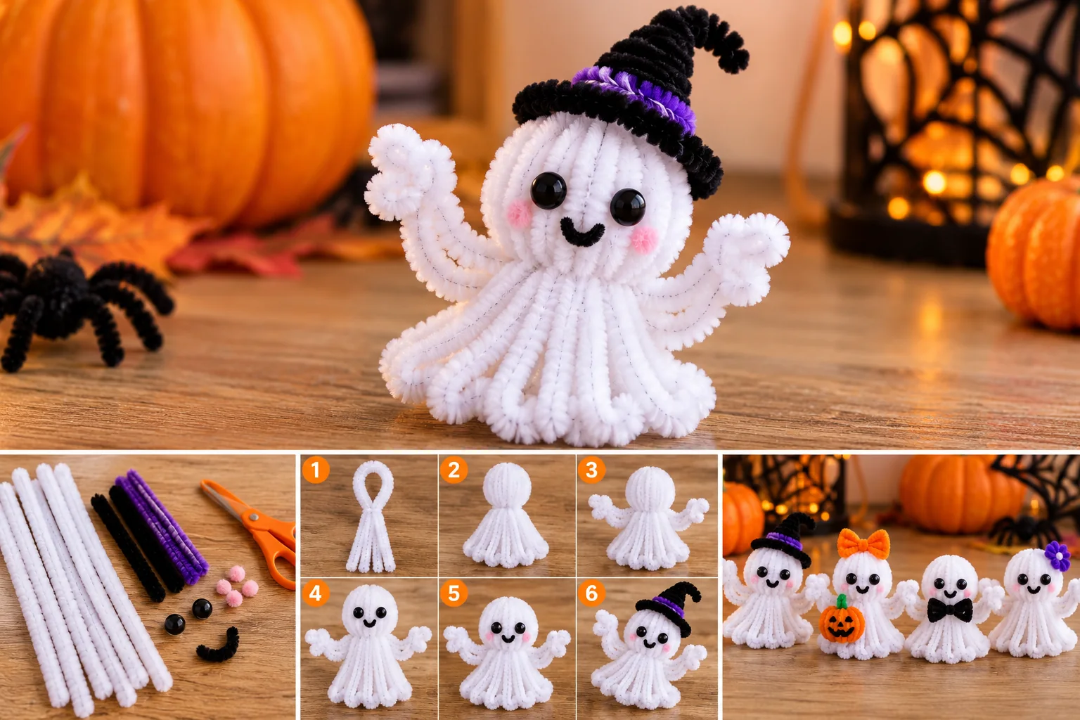 Pipe cleaner ghost Halloween craft with materials, step-by-step instructions and finished variations