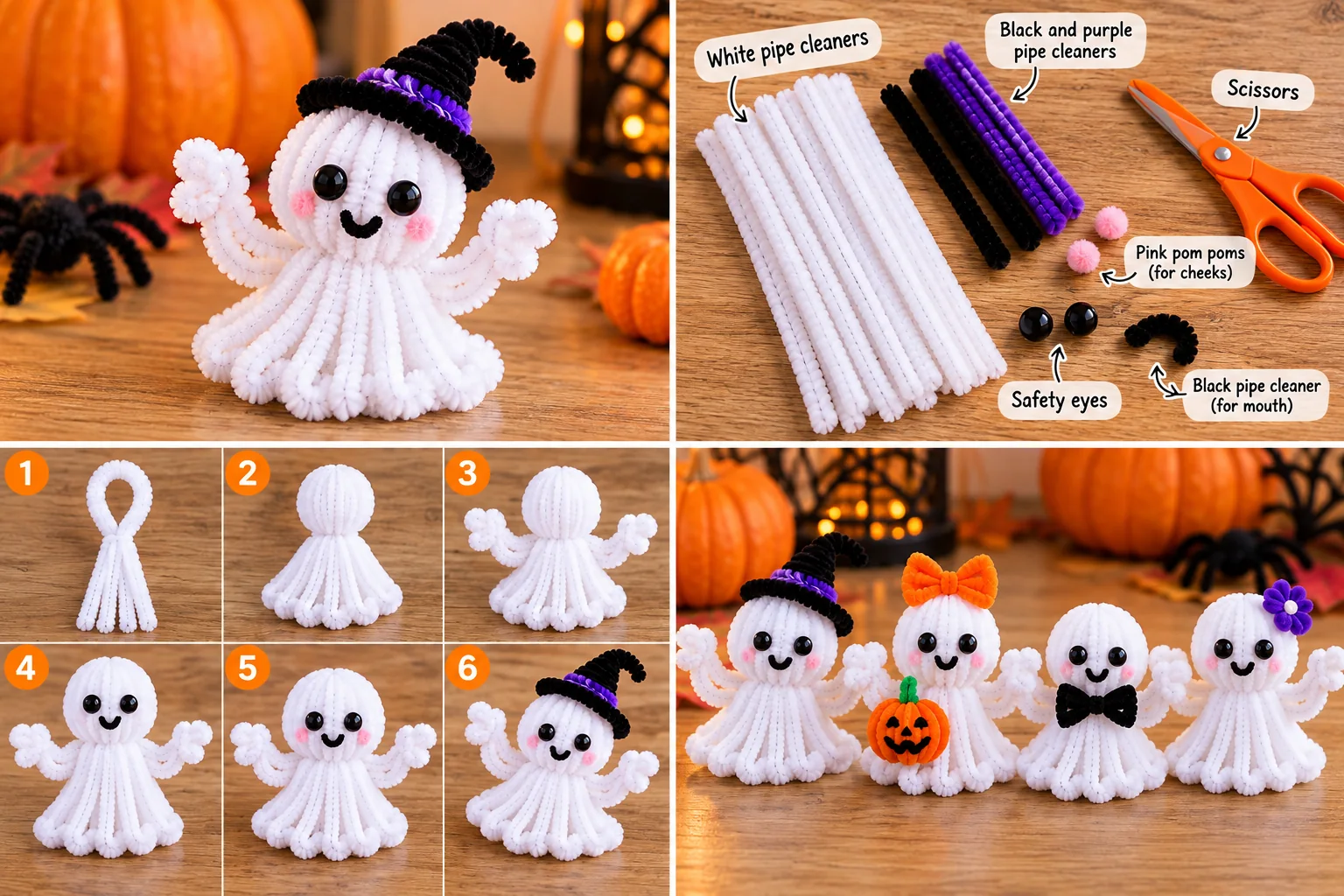 Pipe cleaner ghost tutorial showing materials, six craft steps and Halloween ghost variations