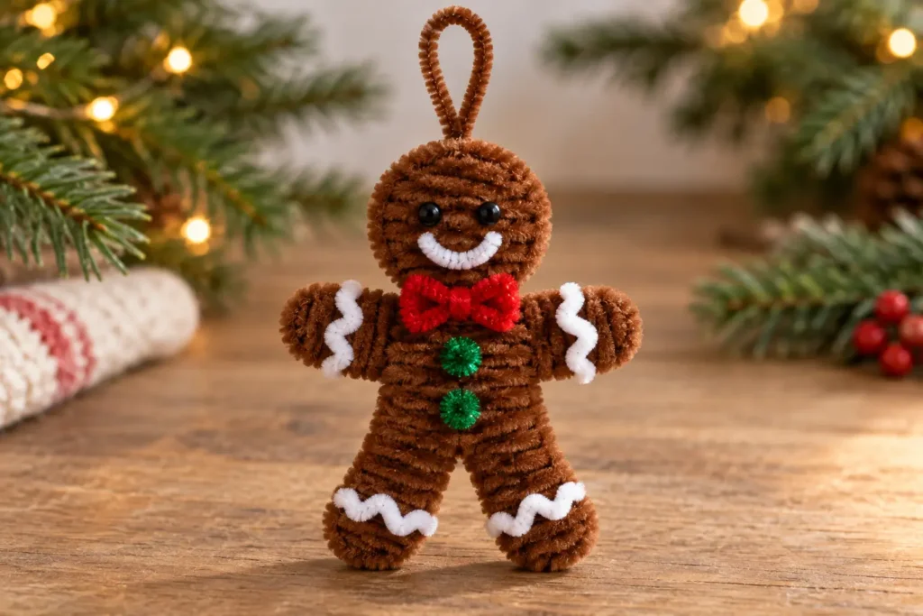 Handmade brown pipe cleaner gingerbread man ornament with white icing trim, red bow tie and green buttons