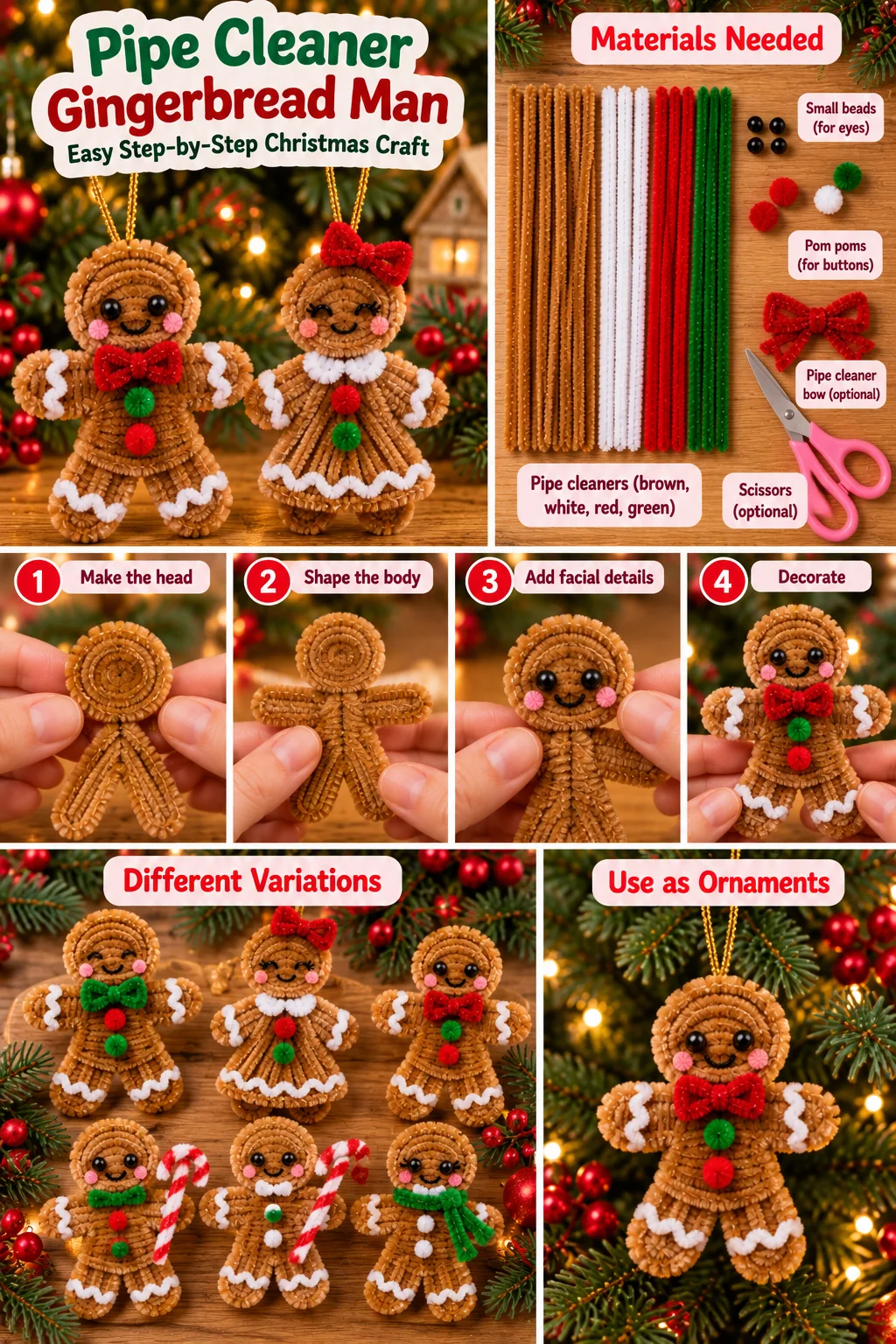 Pipe cleaner gingerbread man variations with Christmas ornament and step-by-step craft ideas