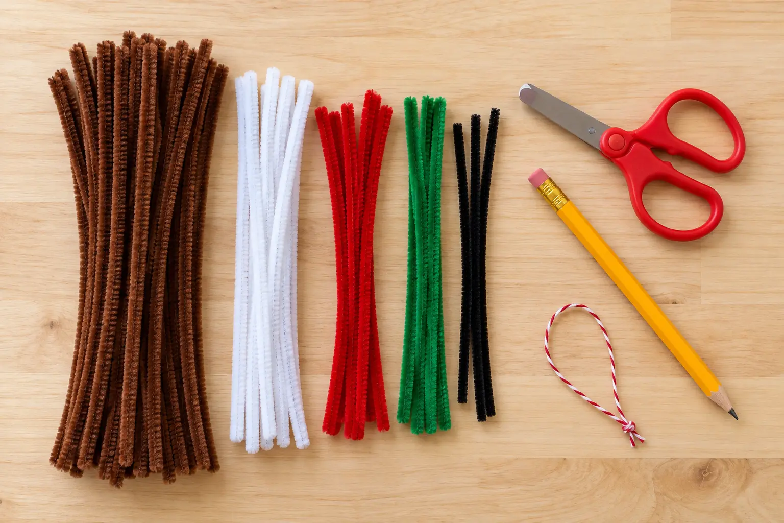 Brown, white, red, green and black pipe cleaners with scissors, pencil and hanging cord on a wooden table