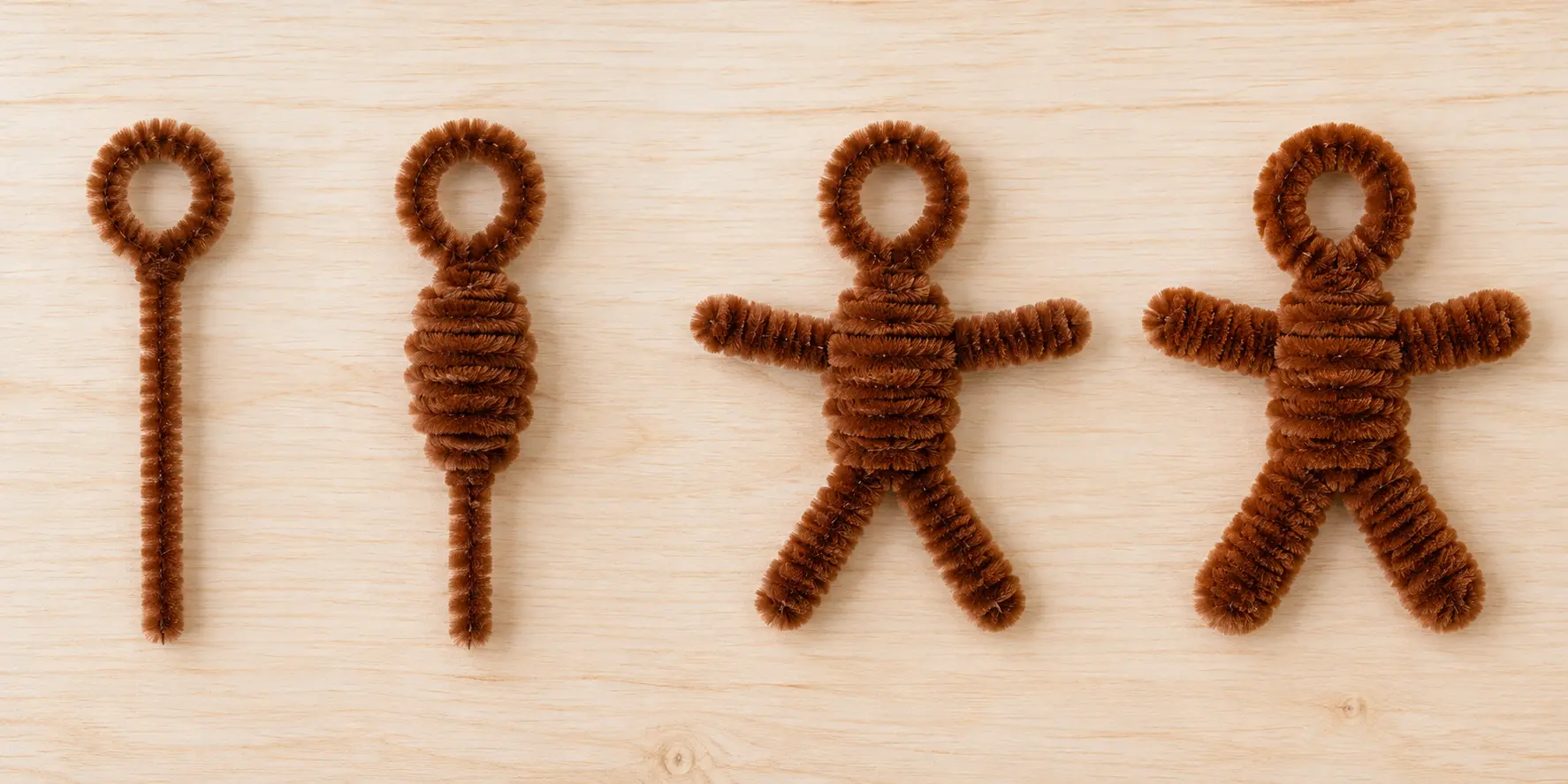 Four stages showing a brown pipe cleaner gingerbread man frame, wrapped torso, limbs and finished body