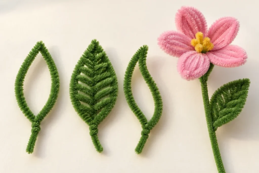Green outline and filled pipe cleaner leaves beside a pink chenille flower