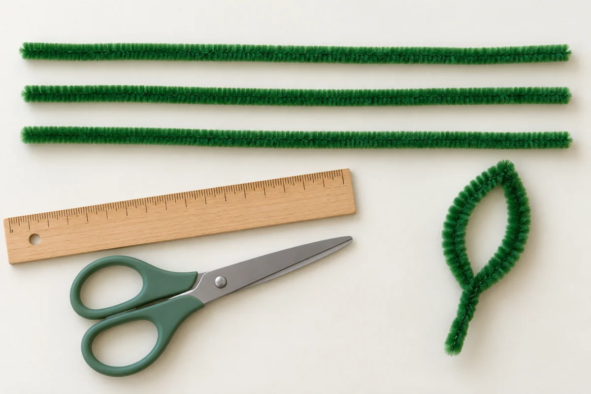 Green pipe cleaners, a ruler and scissors beside an open leaf outline
