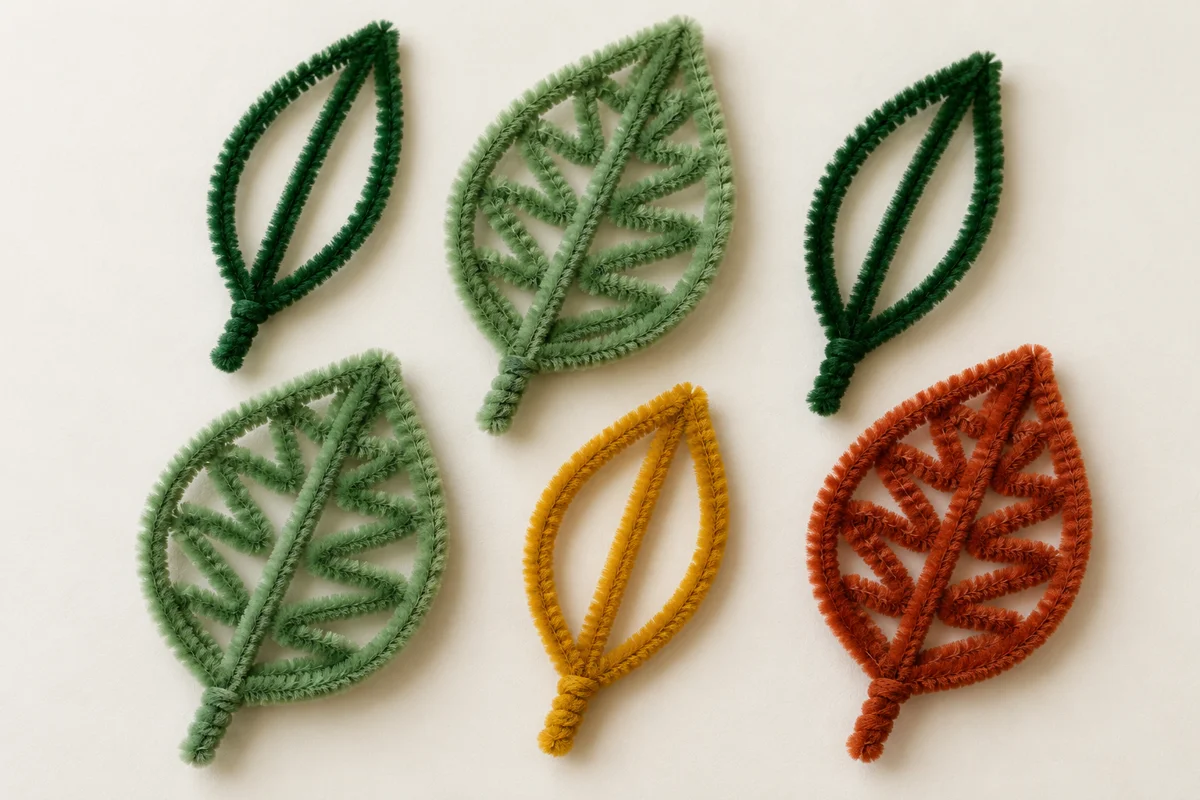 Six chenille leaves in forest green, sage green, mustard yellow and rust orange