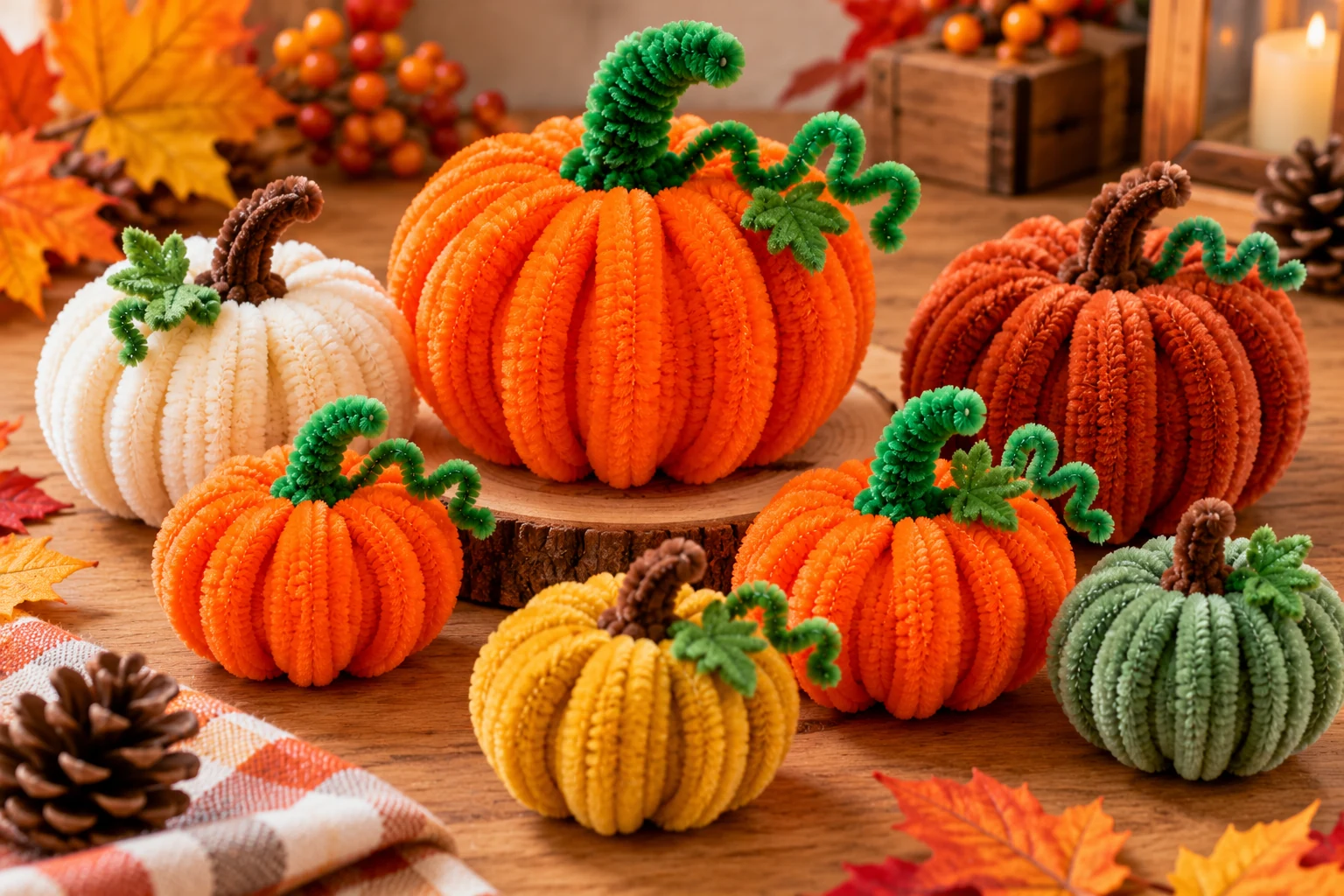 Pipe cleaner pumpkins in orange, cream, rust, mustard and sage green arranged as fall decorations