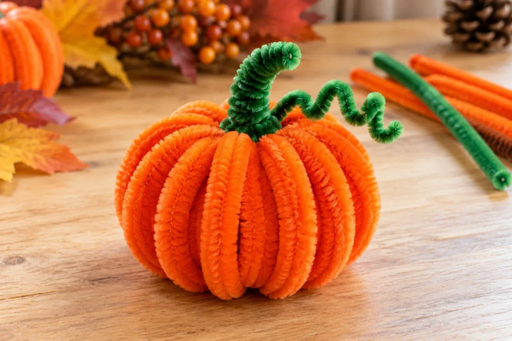 Orange pipe cleaner pumpkin with curved ribs, a green stem and a curled vine