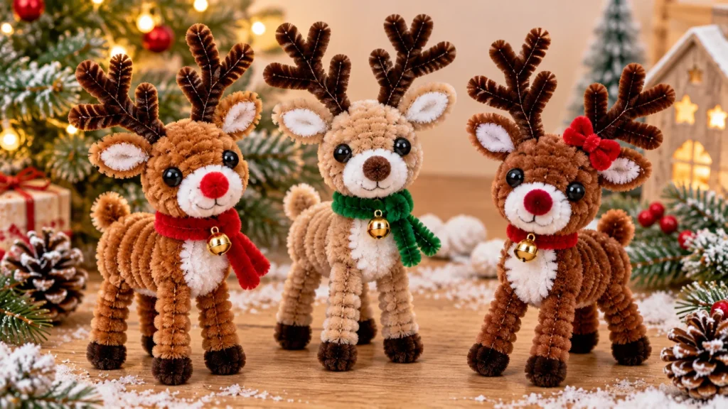 Pipe cleaner reindeer Christmas craft with brown chenille stems and antlers