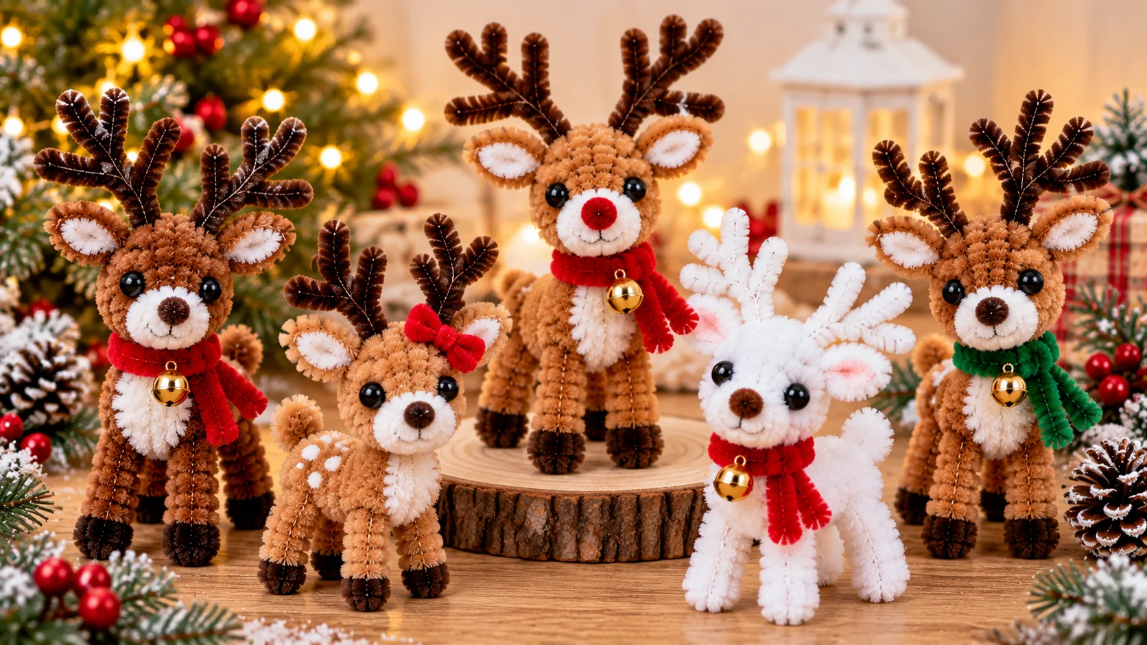Pipe cleaner reindeer ideas with Christmas scarves, antlers and winter decorations