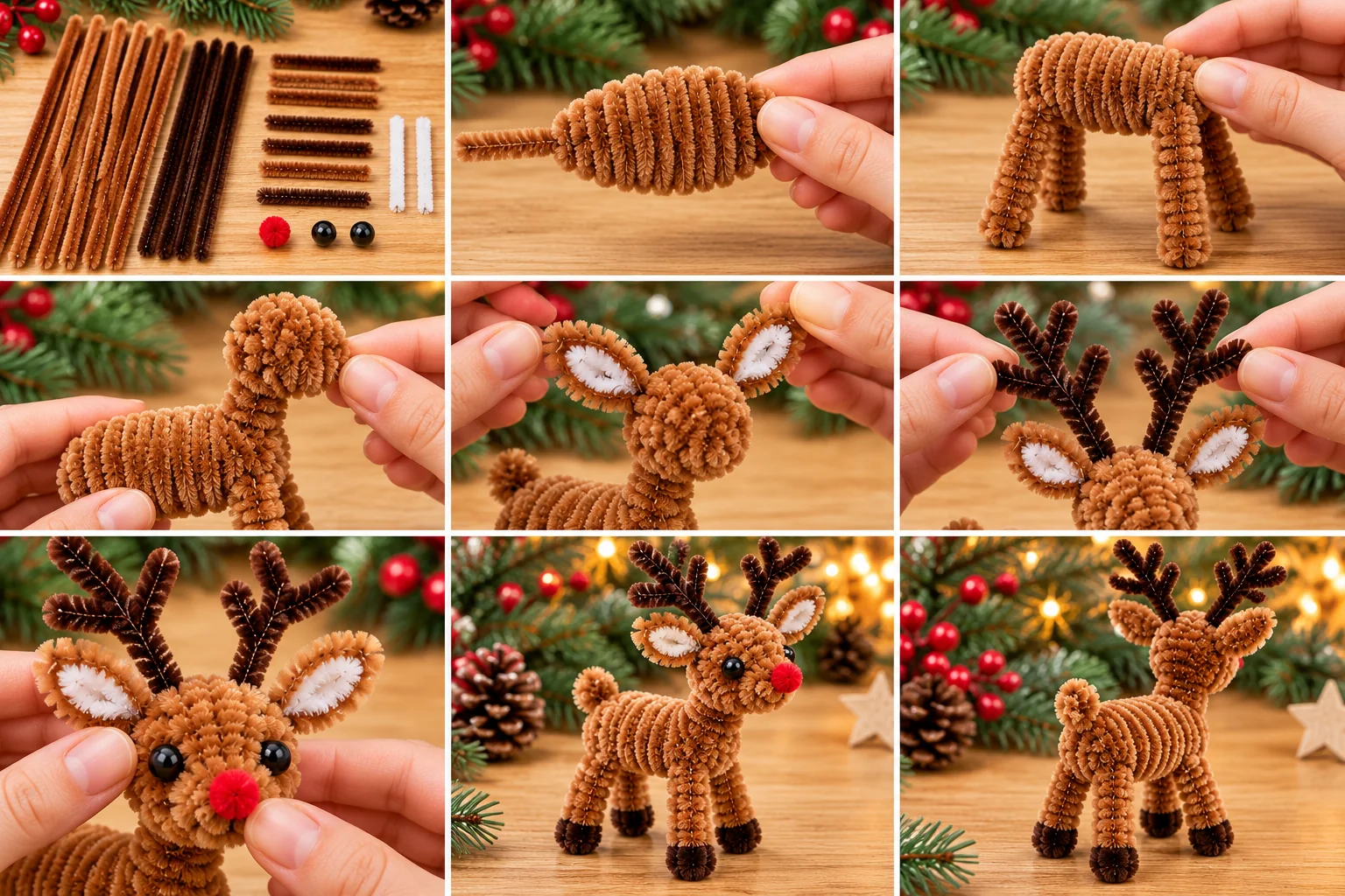 Pipe cleaner reindeer step by step showing materials, body, legs, head, ears and antlers