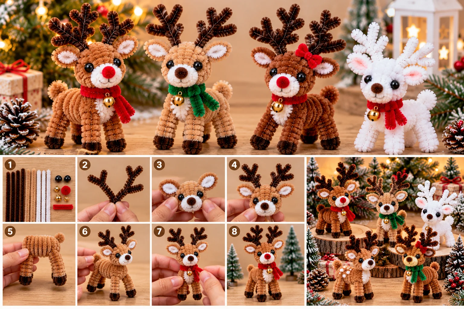 Pipe cleaner reindeer variations with Rudolph, white reindeer, scarves and Christmas ornaments