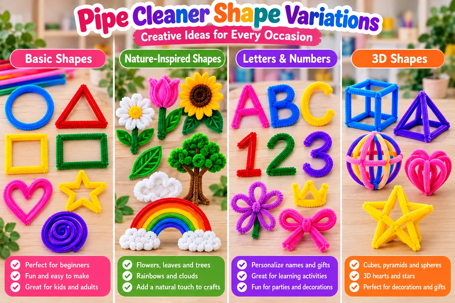 Pipe cleaner shape ideas with geometric forms, flowers, letters, numbers and 3D designs