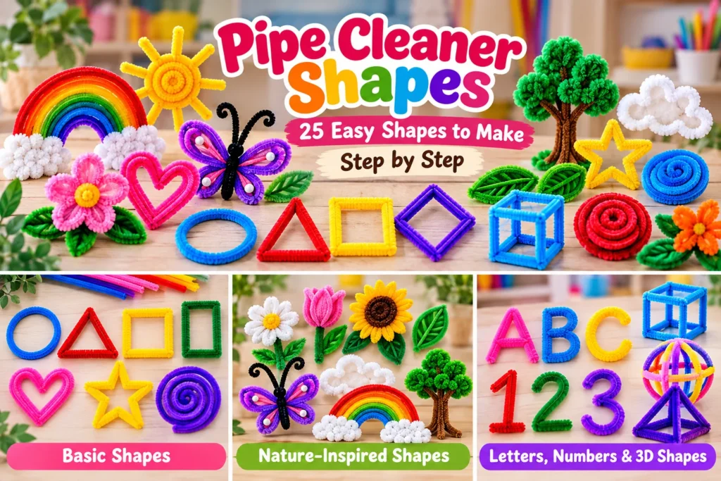 Colorful pipe cleaner shapes including hearts, stars, flowers, rainbow and 3D forms