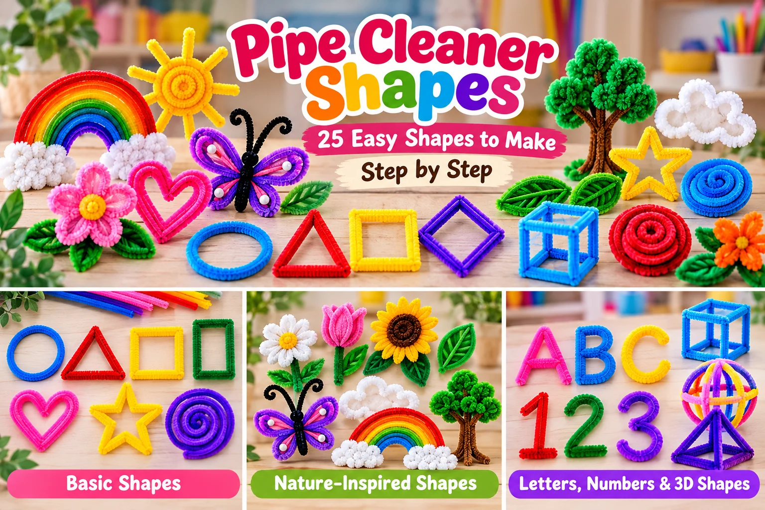 Colorful pipe cleaner shapes including hearts, stars, flowers, rainbow and 3D forms