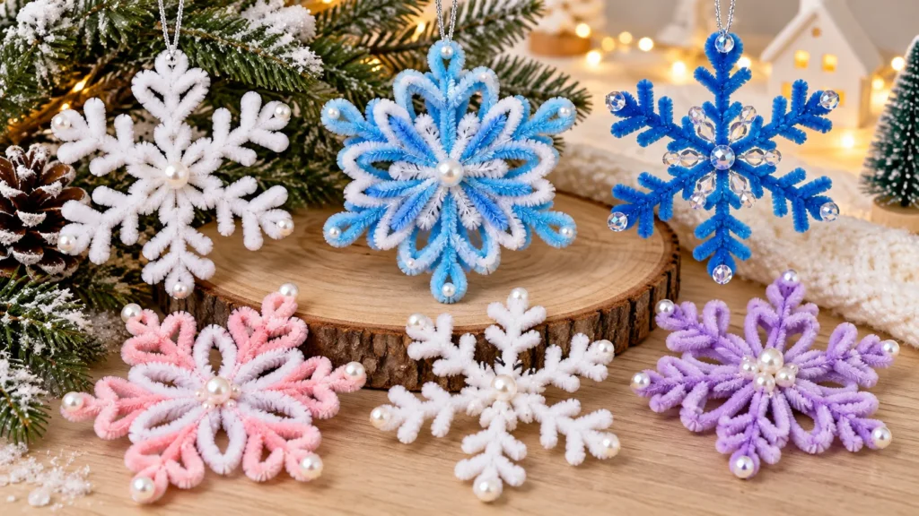 Pipe cleaner snowflake ornaments in white and blue for Christmas