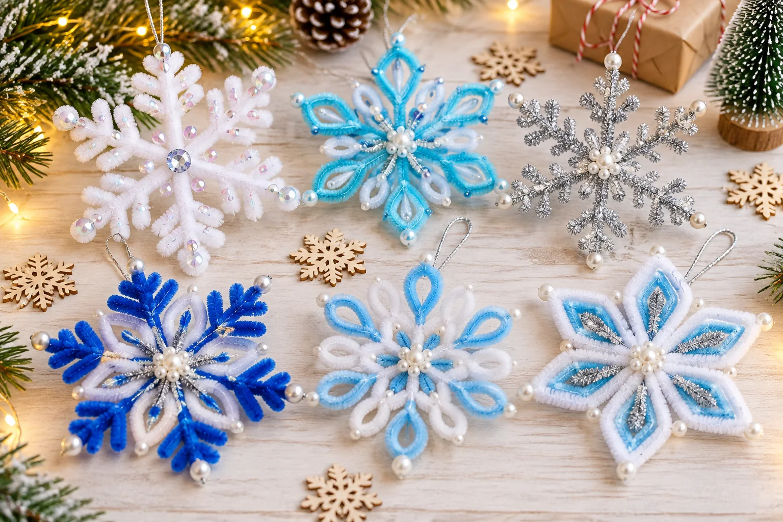 Pipe cleaner snowflake ideas with beads and winter colors