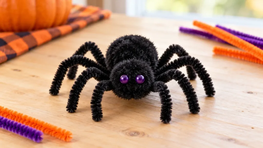 Black pipe cleaner spider with eight bent legs and purple bead eyes