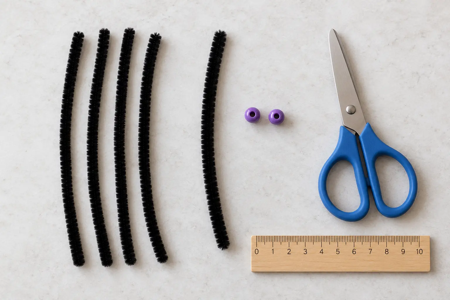 Black pipe cleaners, purple beads, scissors and ruler for a spider craft