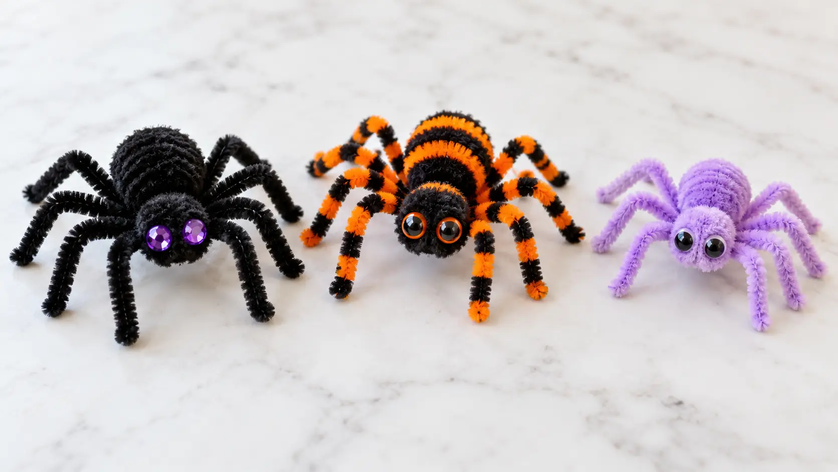 Black, orange striped and purple pipe cleaner spiders with eight legs