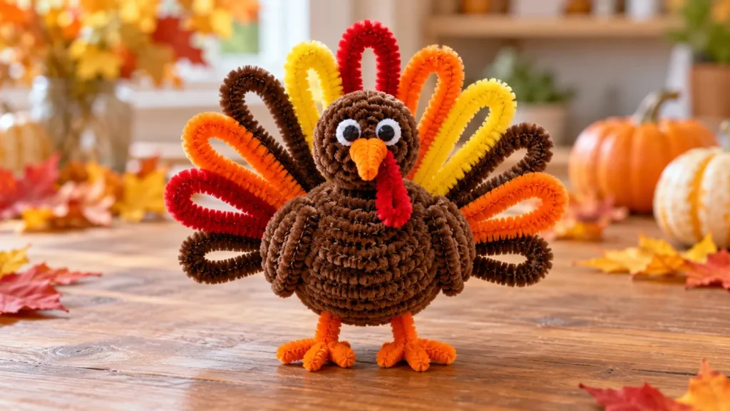 Finished pipe cleaner turkey with a brown body and colorful looped tail feathers