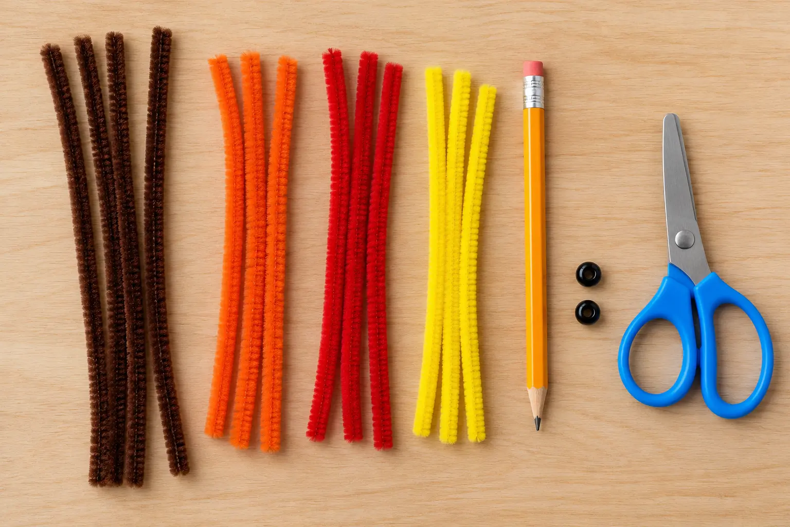 Brown, orange, red and yellow pipe cleaners with scissors, a pencil and black beads