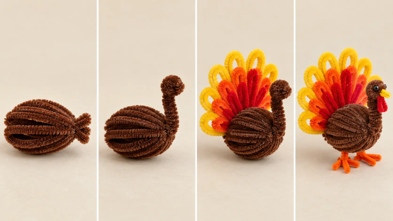 Four stages showing a brown pipe cleaner body, head, colorful tail and finished turkey