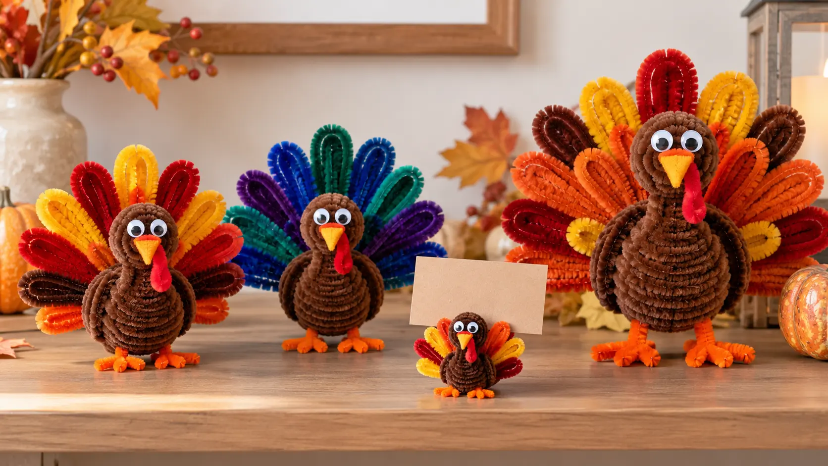 Four pipe cleaner turkey variations in classic, jewel-tone, place-card and large display styles